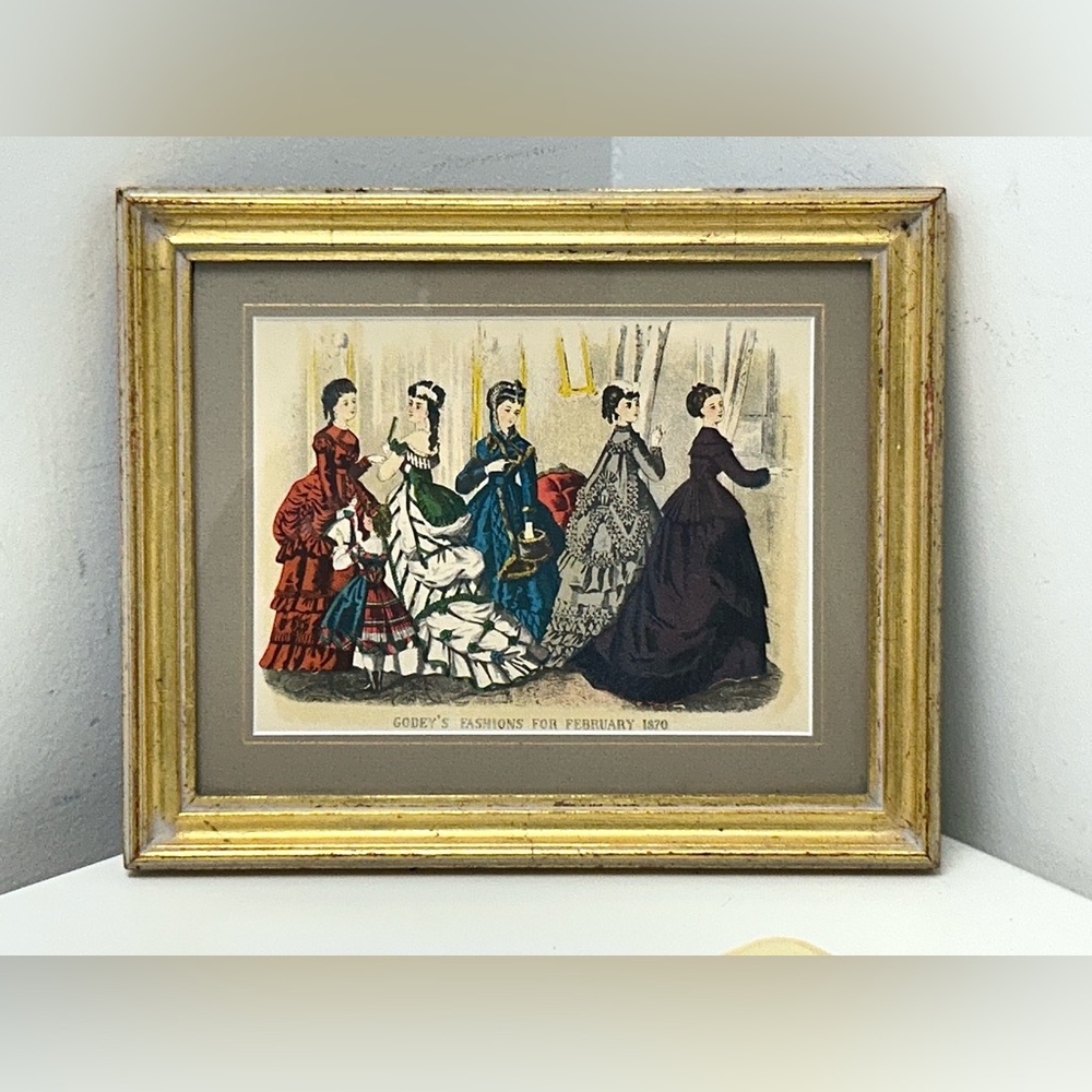 c. February 1870 Antique Hand Colored Framed Godey’s Fashion Magazine Print
